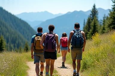 Group of diverse people hiking together on a scenic trail