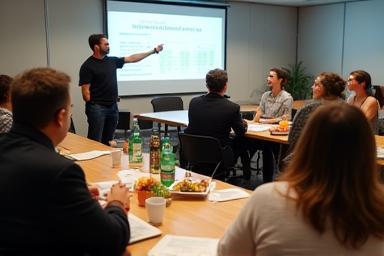 People attending a nutrition workshop, taking notes and engaging with the speaker