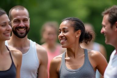 Group of people socializing and laughing outdoors after a workout